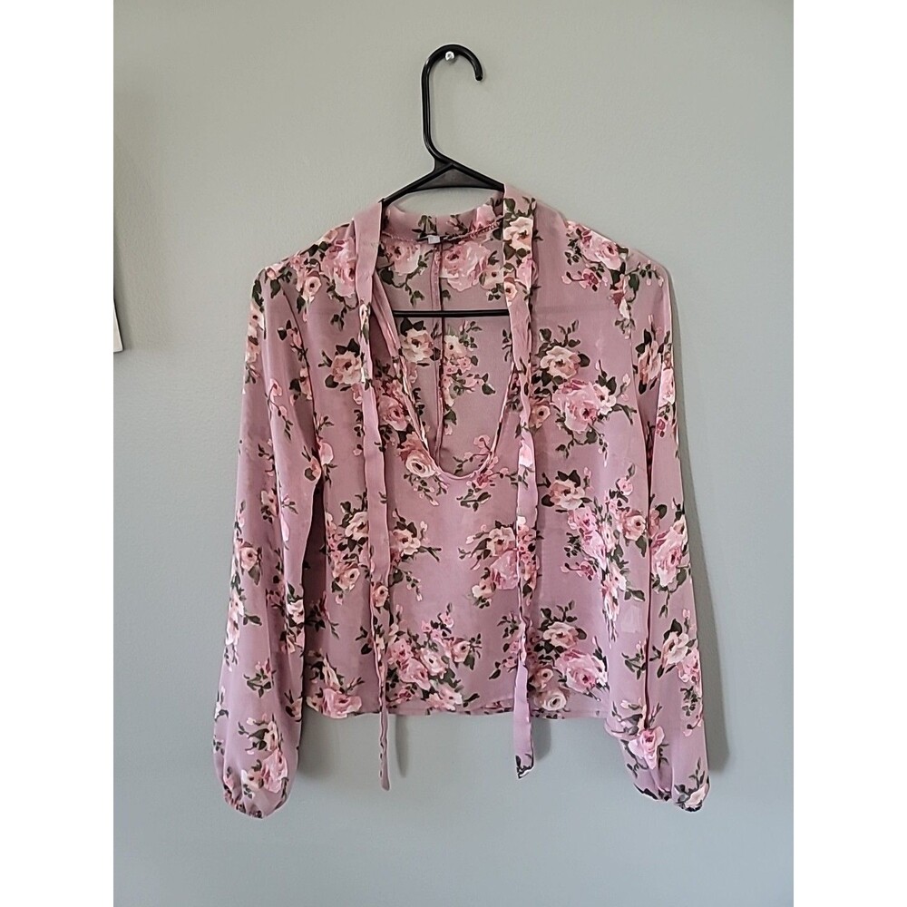 Charlotte Russe Small Purple Floral Sheer Tie Neck Blouse